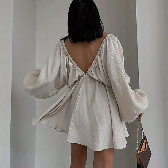 Apricot Sexy Women's Solid Color V-Neck Lantern Sleeve Dress - Picture 2 of 3